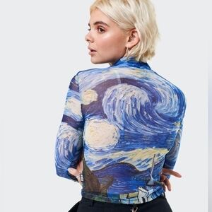 Starry Night Painting Mesh Long Sleeve Top Artistic Blue Yellow One Size New